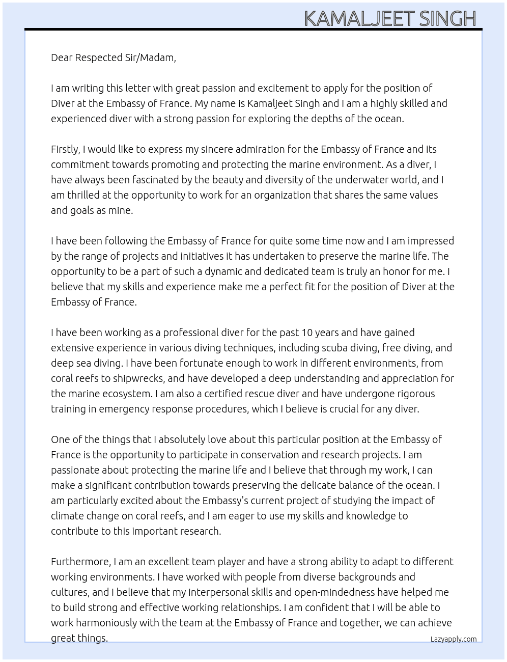 Diver  At Embassy of France  Cover Letter