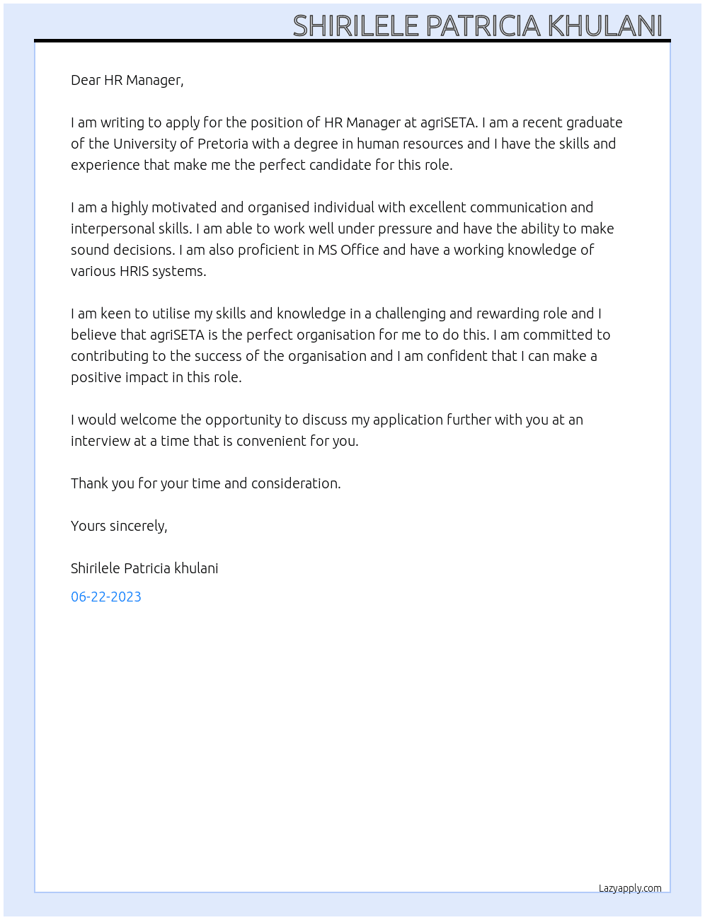 HR manager  At agriSETA Cover Letter
