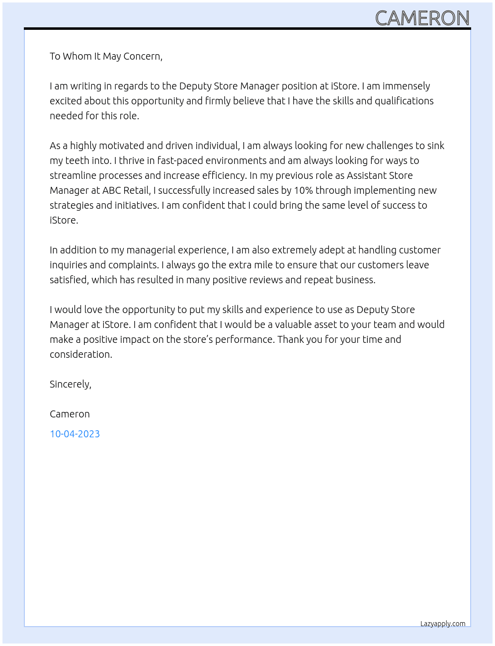 Deputy Store Manager At iStore Cover Letter