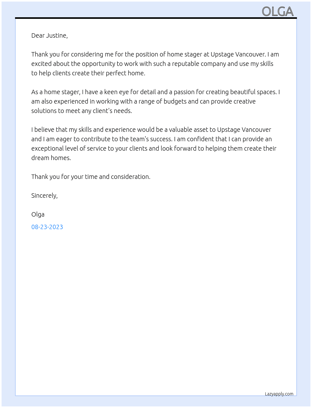 home staging  At upstage vancouver Cover Letter