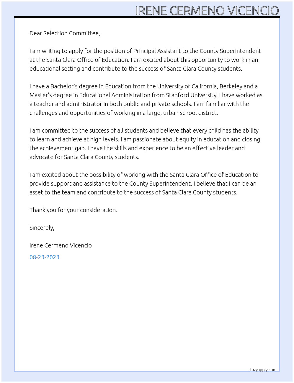 Principal Assistant to the County Superintedent   At Santa Clara Office of Education Cover Letter