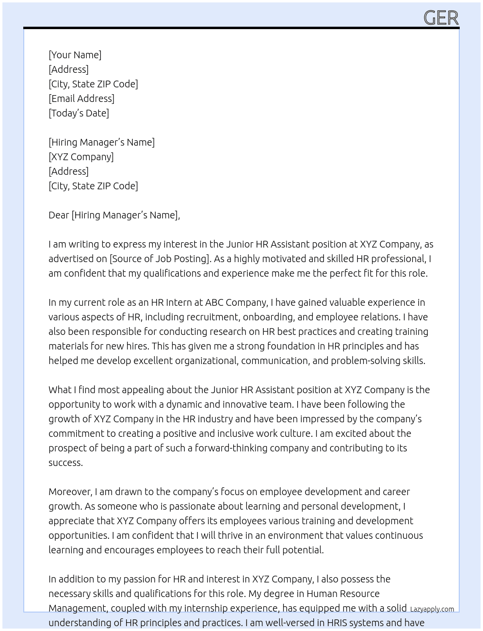 Juniot HR Assistant  At Xzy Cover Letter