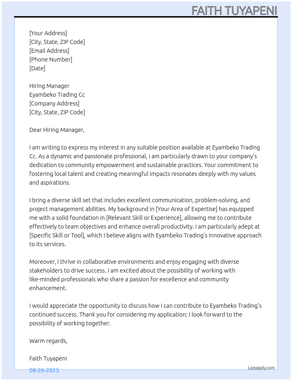 Cover letter for any suitable position available - LazyApply