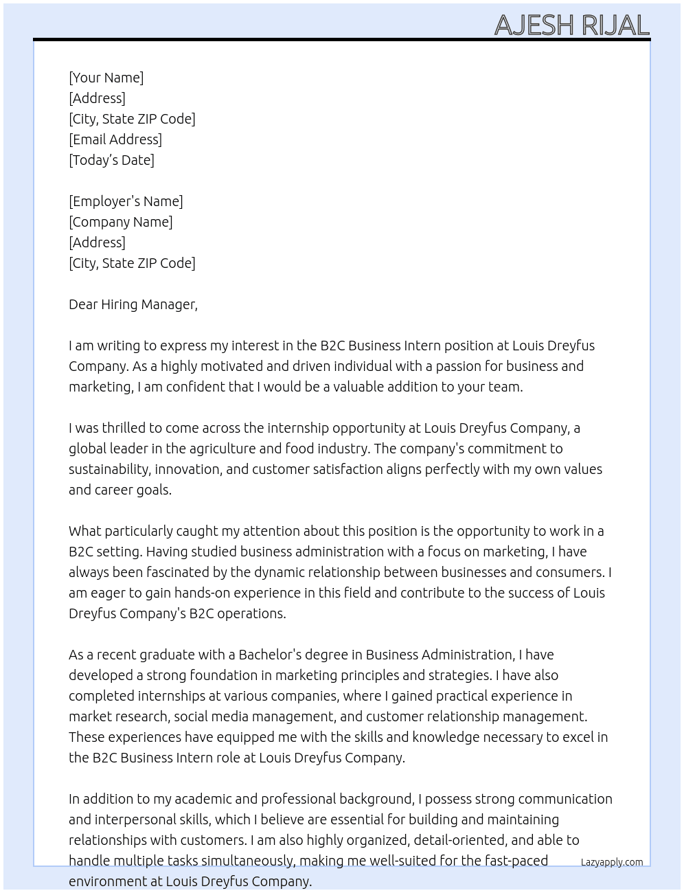 B2C Business Intern At Louis Dreyfus Company Cover Letter
