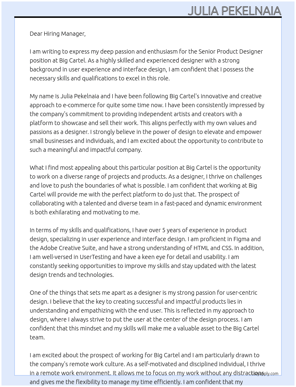 Senior Product Designer At Big Cartel Cover Letter