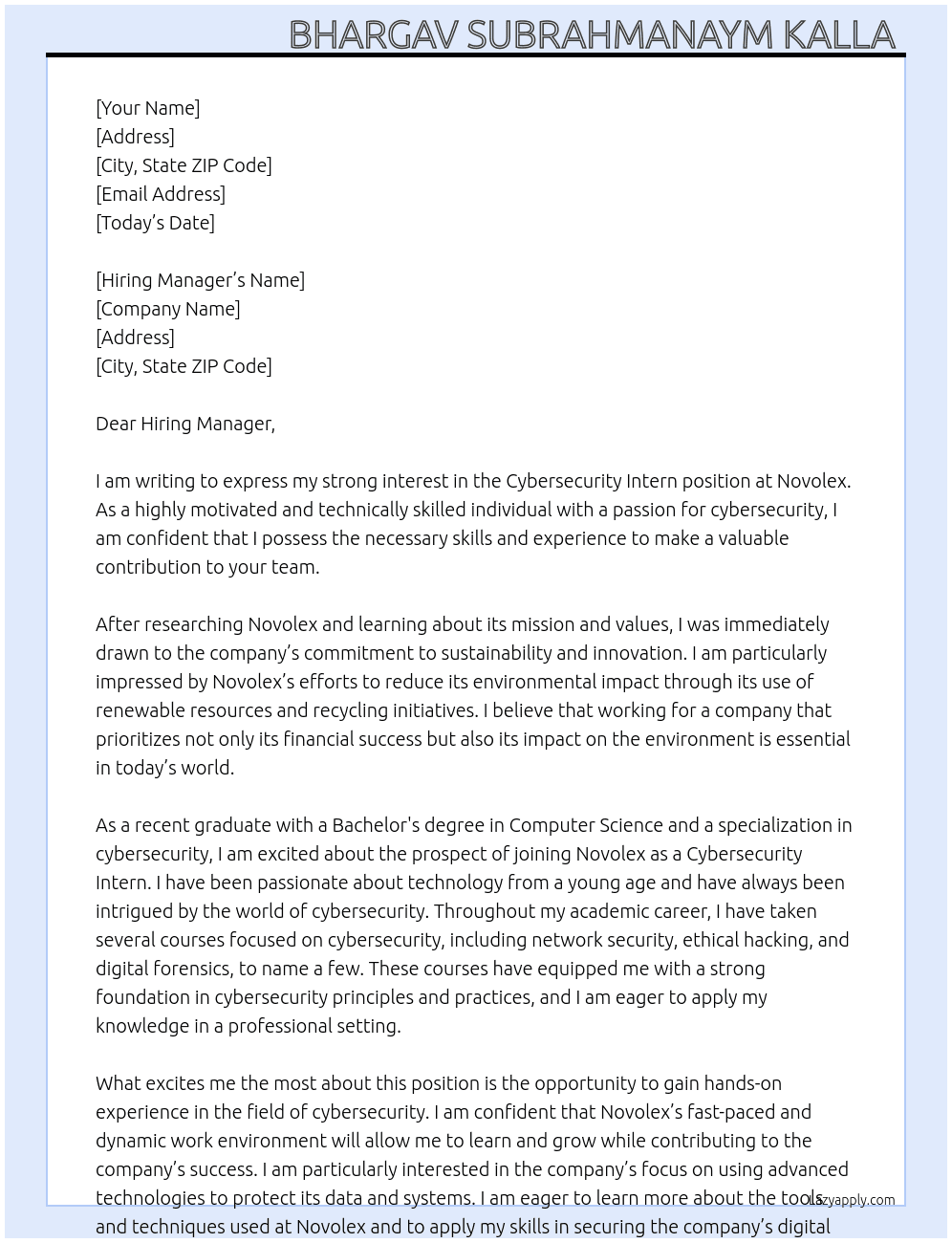Cybersecurity Intern At novolex Cover Letter