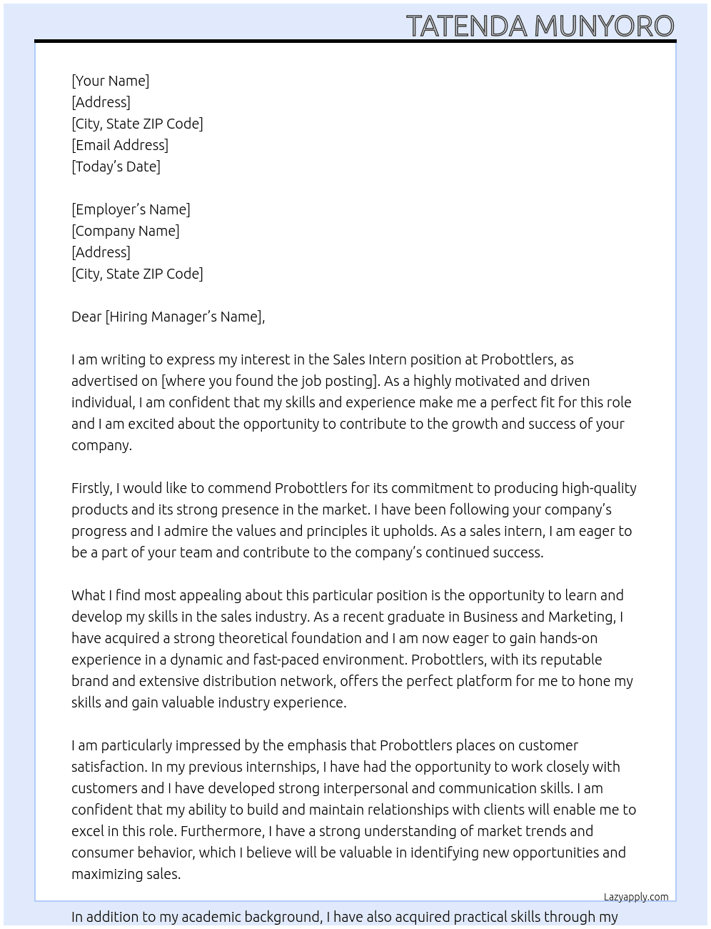 Sales intern At Probottlers Cover Letter