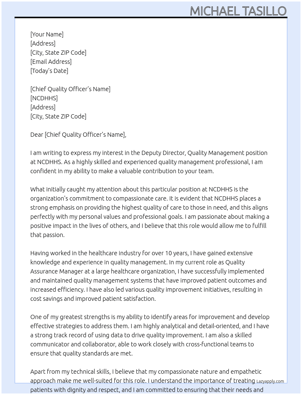 Deputy Director, Quality Management At NCDHHS Cover Letter