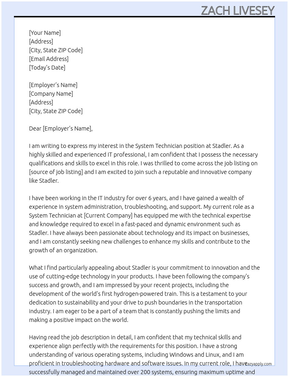 System technician At Stadler Cover Letter