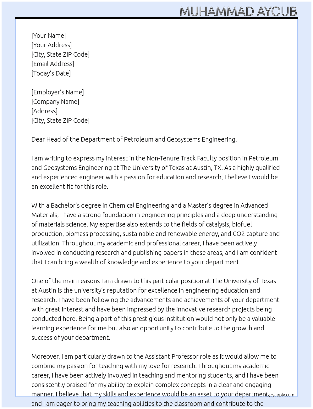 Non Tenure Track Faculty-Petroleum & Geosystems Engineering At The University of Texas at Austin, TX Cover Letter