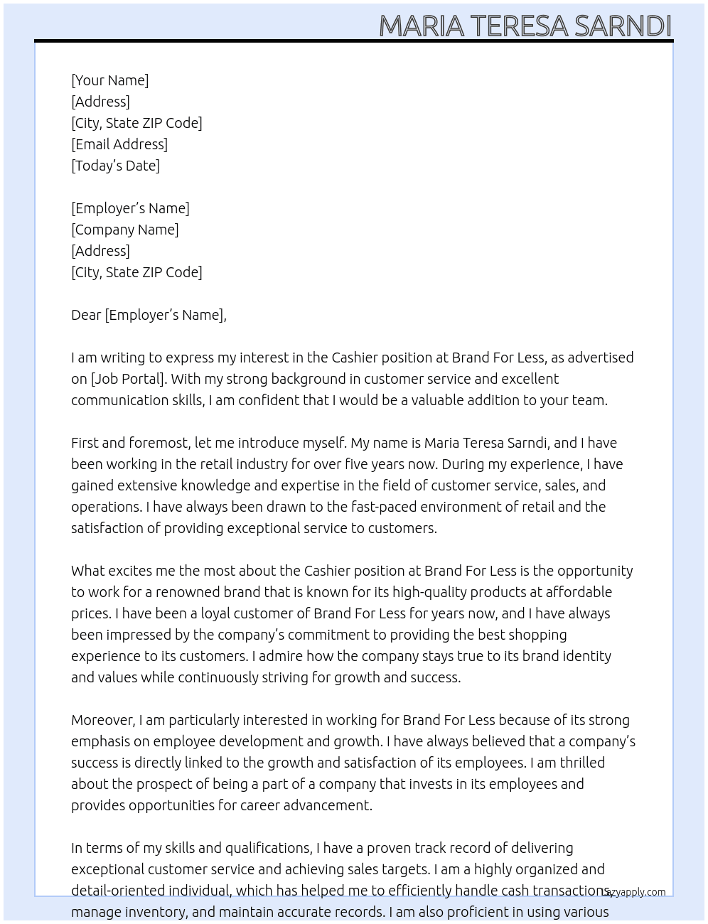 cashier At Brand For Less Cover Letter