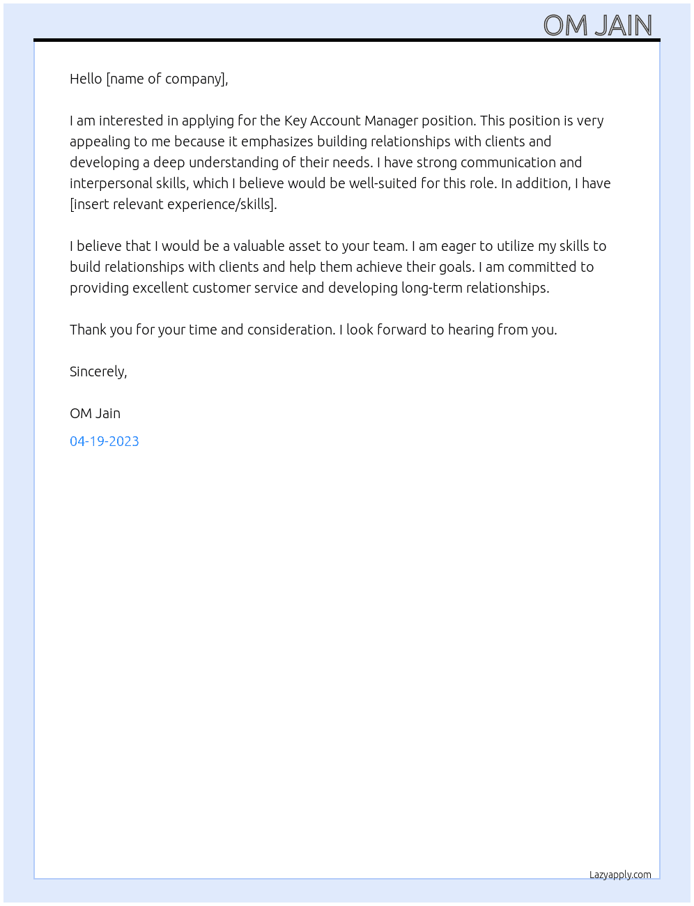 Key Account Manager At . Cover Letter