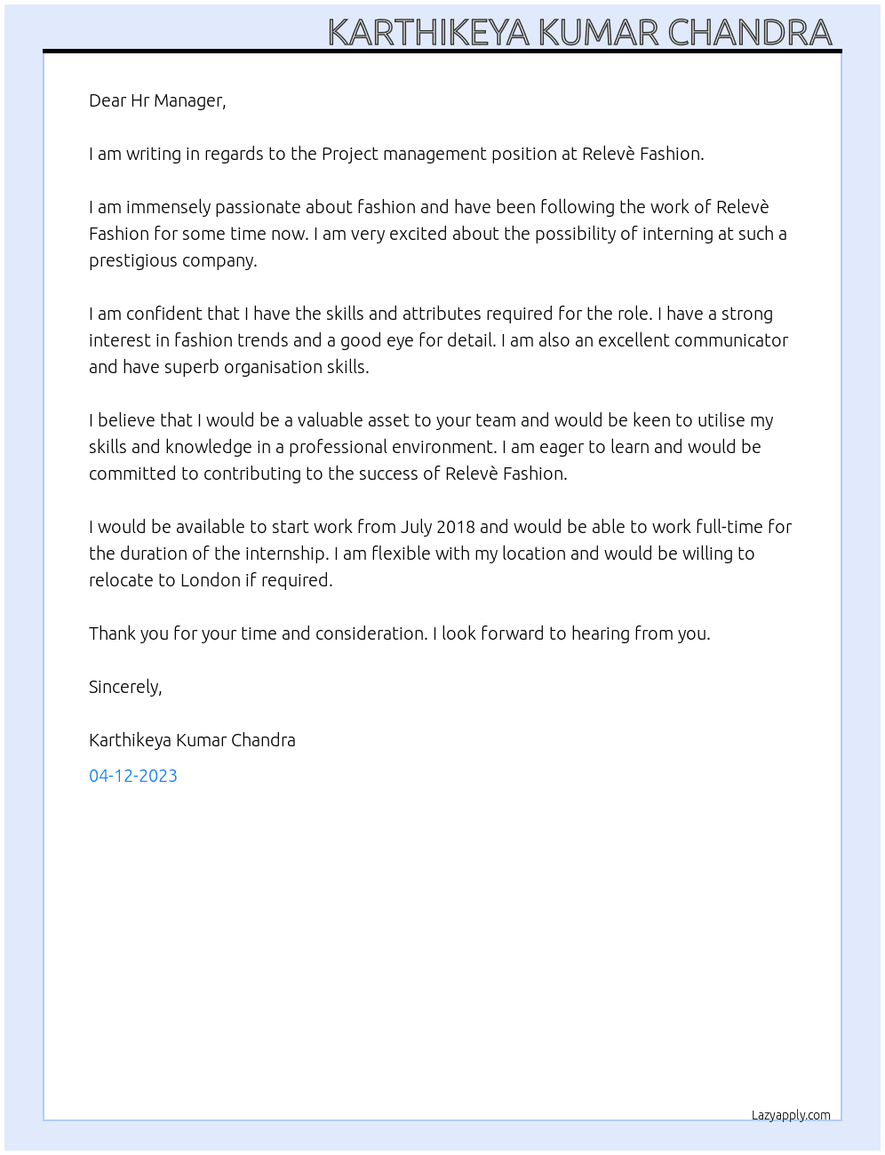 Project management  At Relevè Fashion Cover Letter