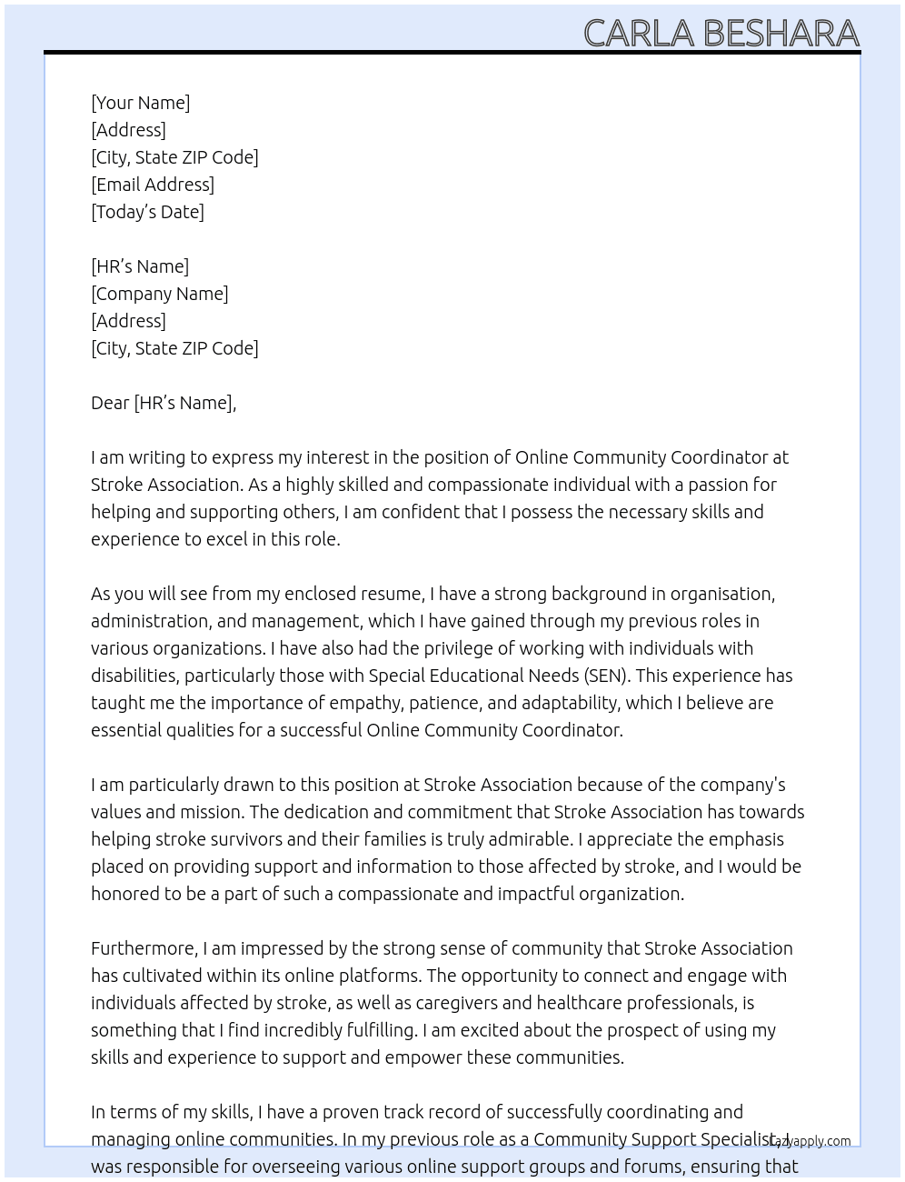 Online Community Coordinator At Stroke Association Cover Letter