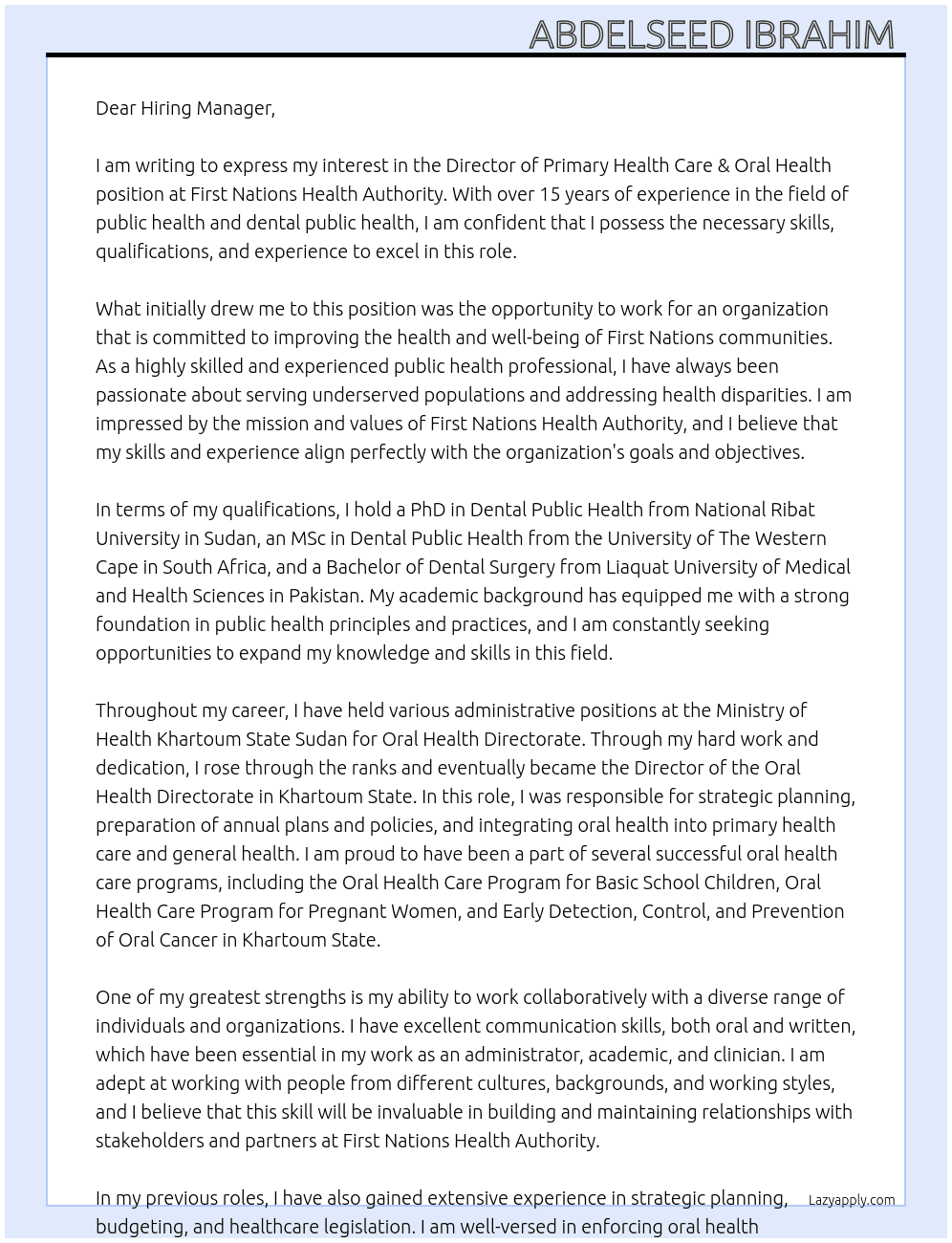 Director, Primary Health Care & Oral Health At First Nations Health Authority  Cover Letter