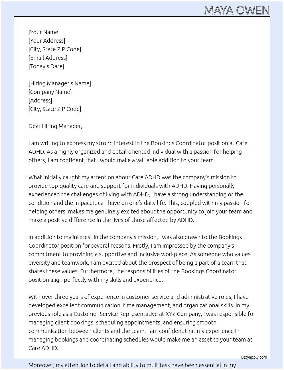 Bookings Coordinator At Care ADHD Cover Letter