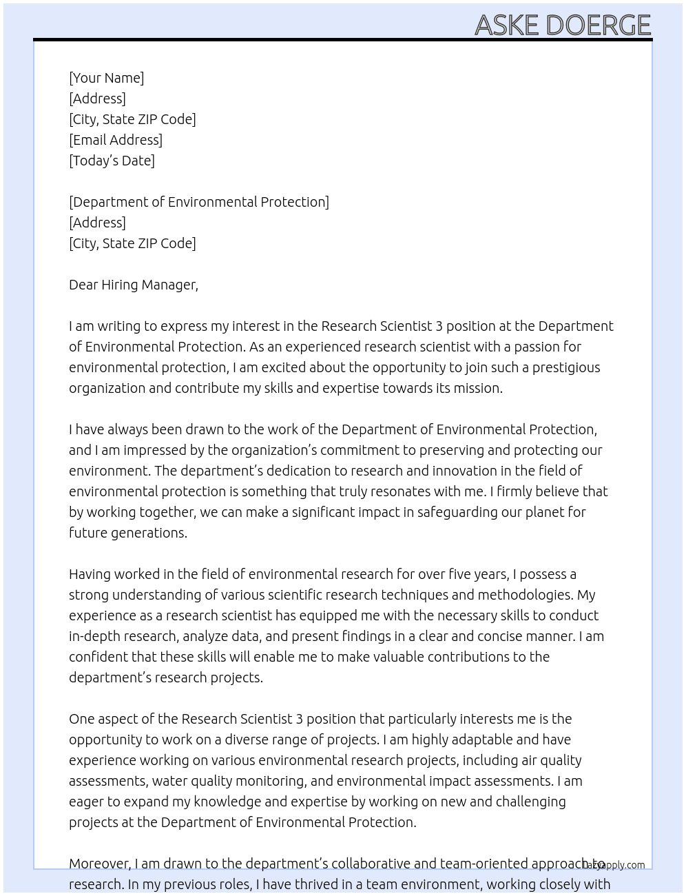 Research Scientist 3 At Department of Environmental Protection Cover Letter