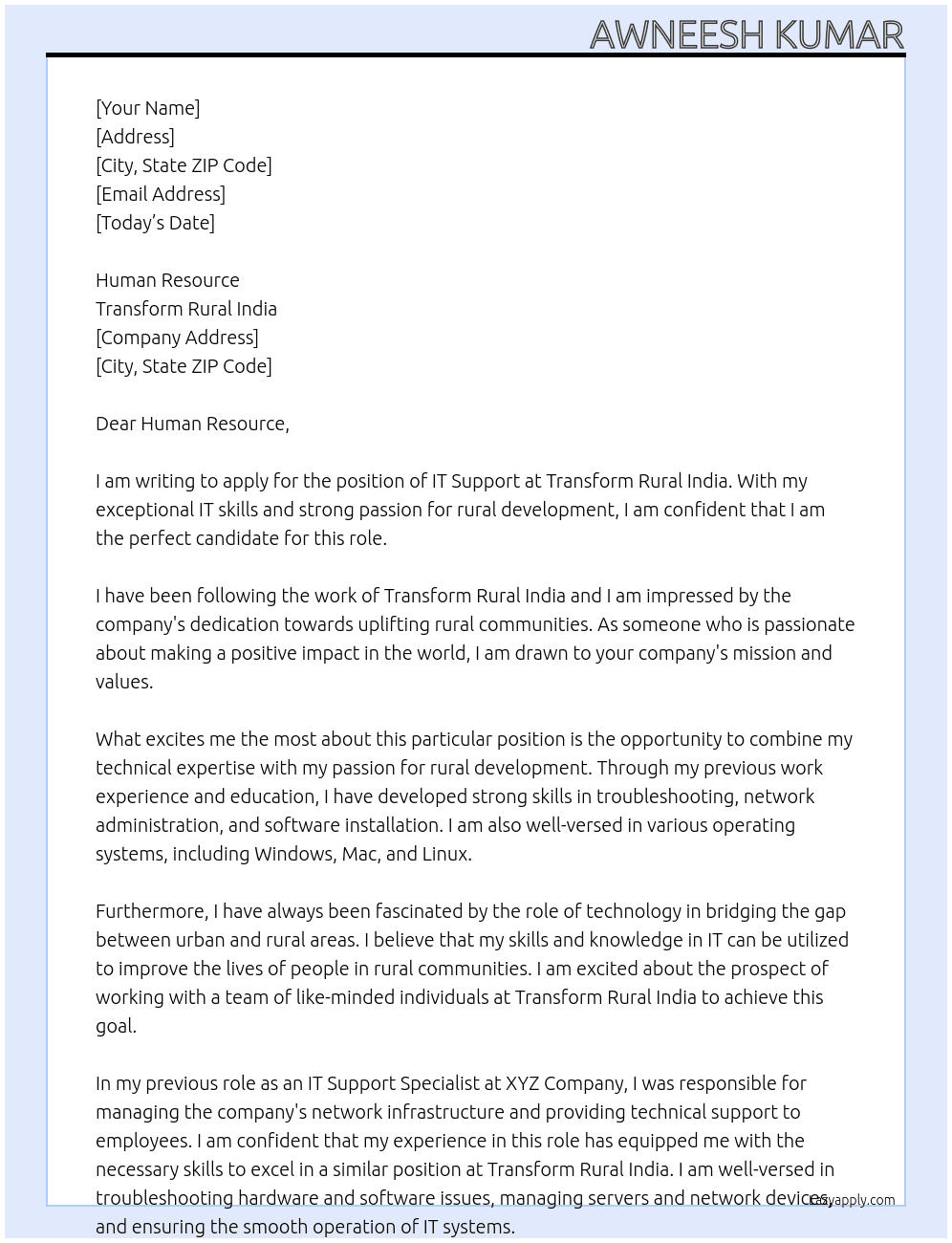 IT Support At Transform Rural India Cover Letter