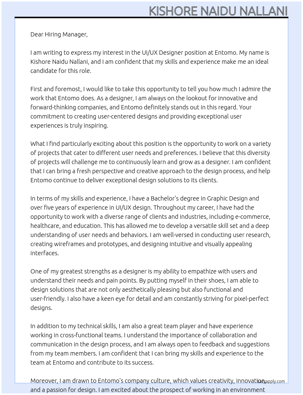 UI/UX Designer At entomo Cover Letter