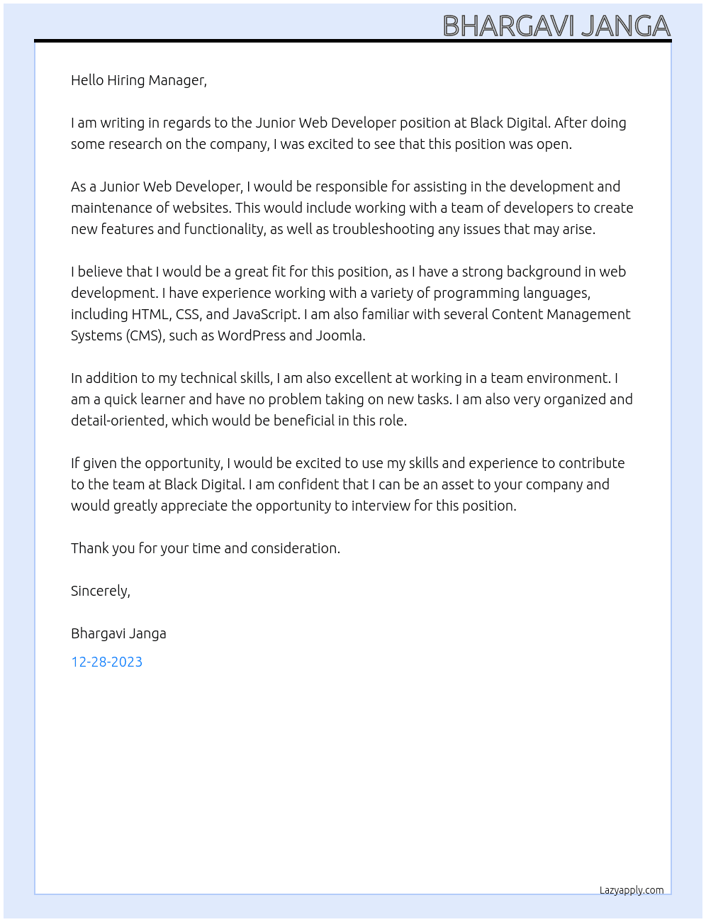 Junior web developer At Black digital Cover Letter