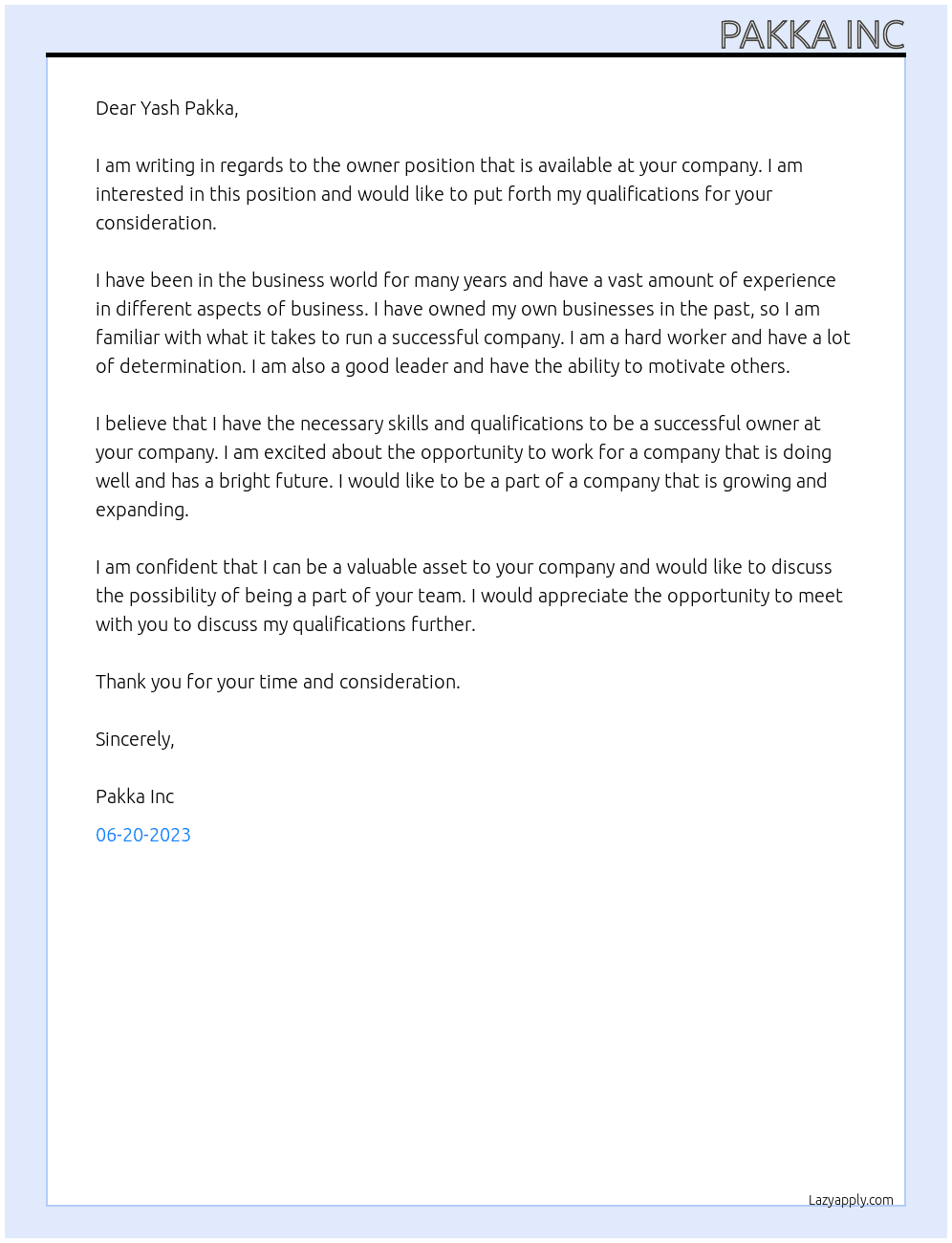 Owner  At Yash Pakka  Cover Letter