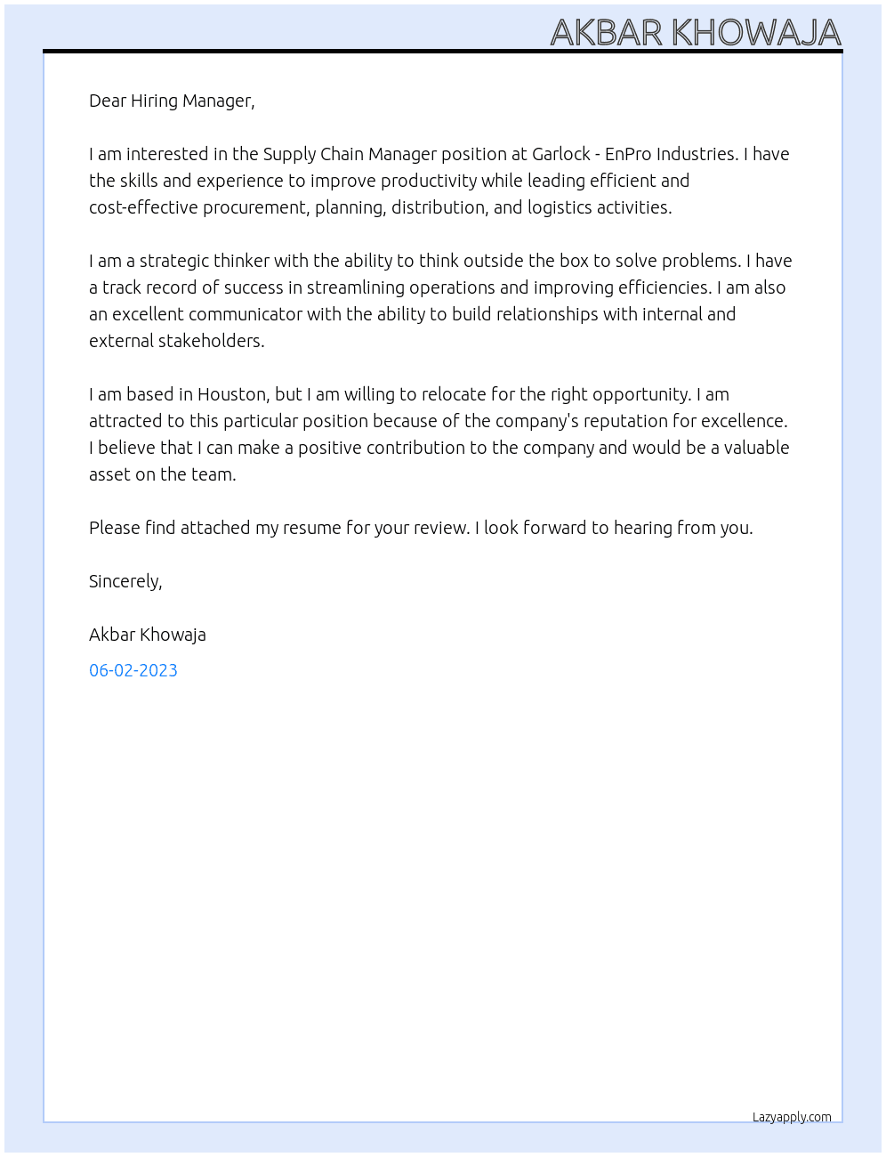 Supply Chain Manager At Garlock - EnPro Industries Cover Letter