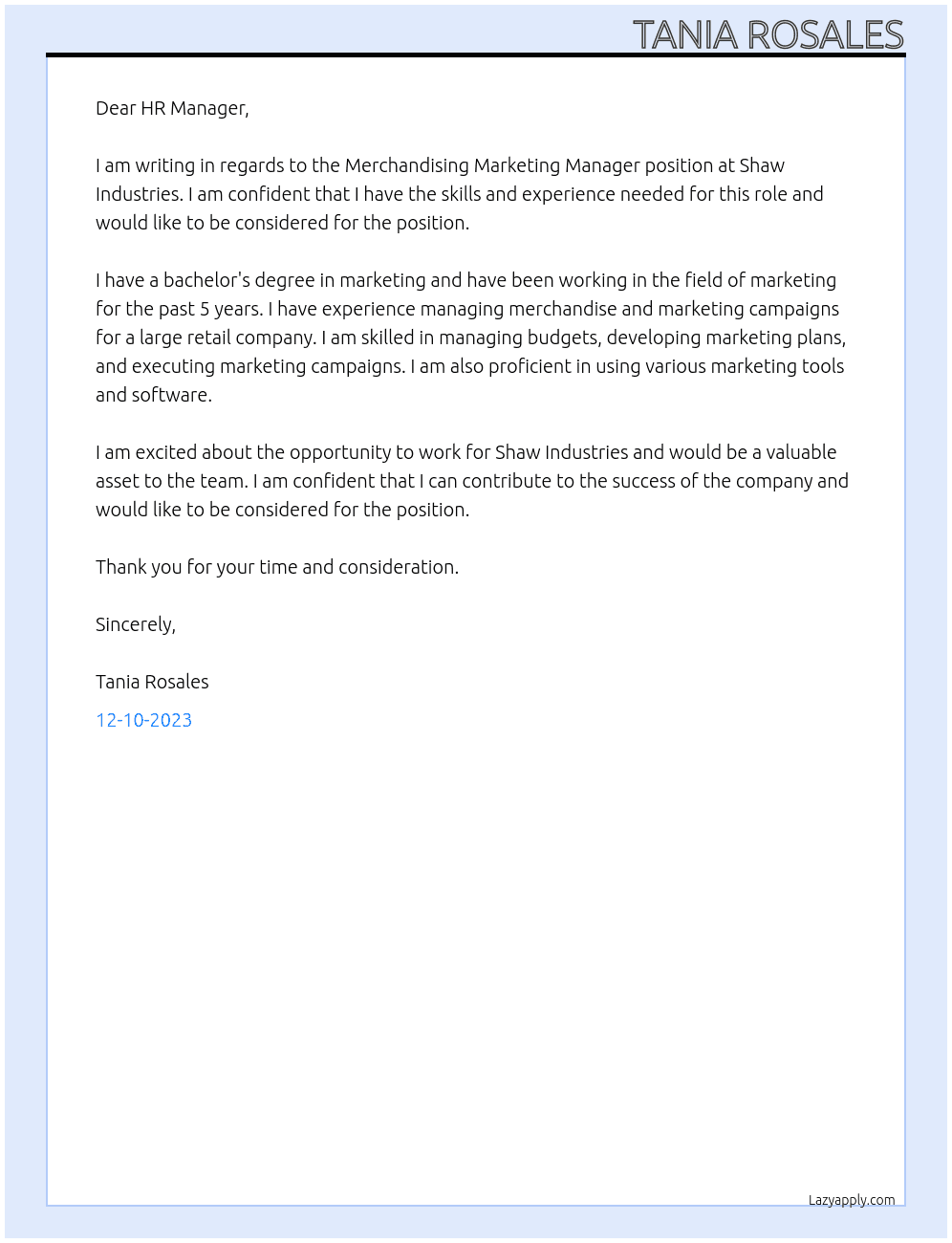 Merchandising Marketing Manager At Shaw Industries Cover Letter