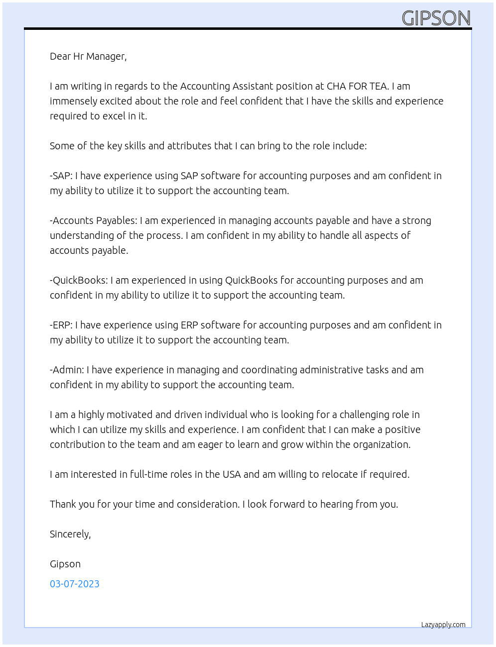 Accounting Assistant At CHA FOR TEA Cover Letter