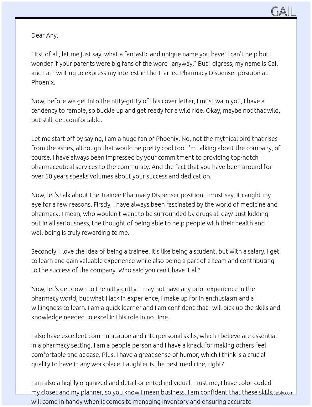 Trainee pharmacy dispenser At Phoenix Cover Letter