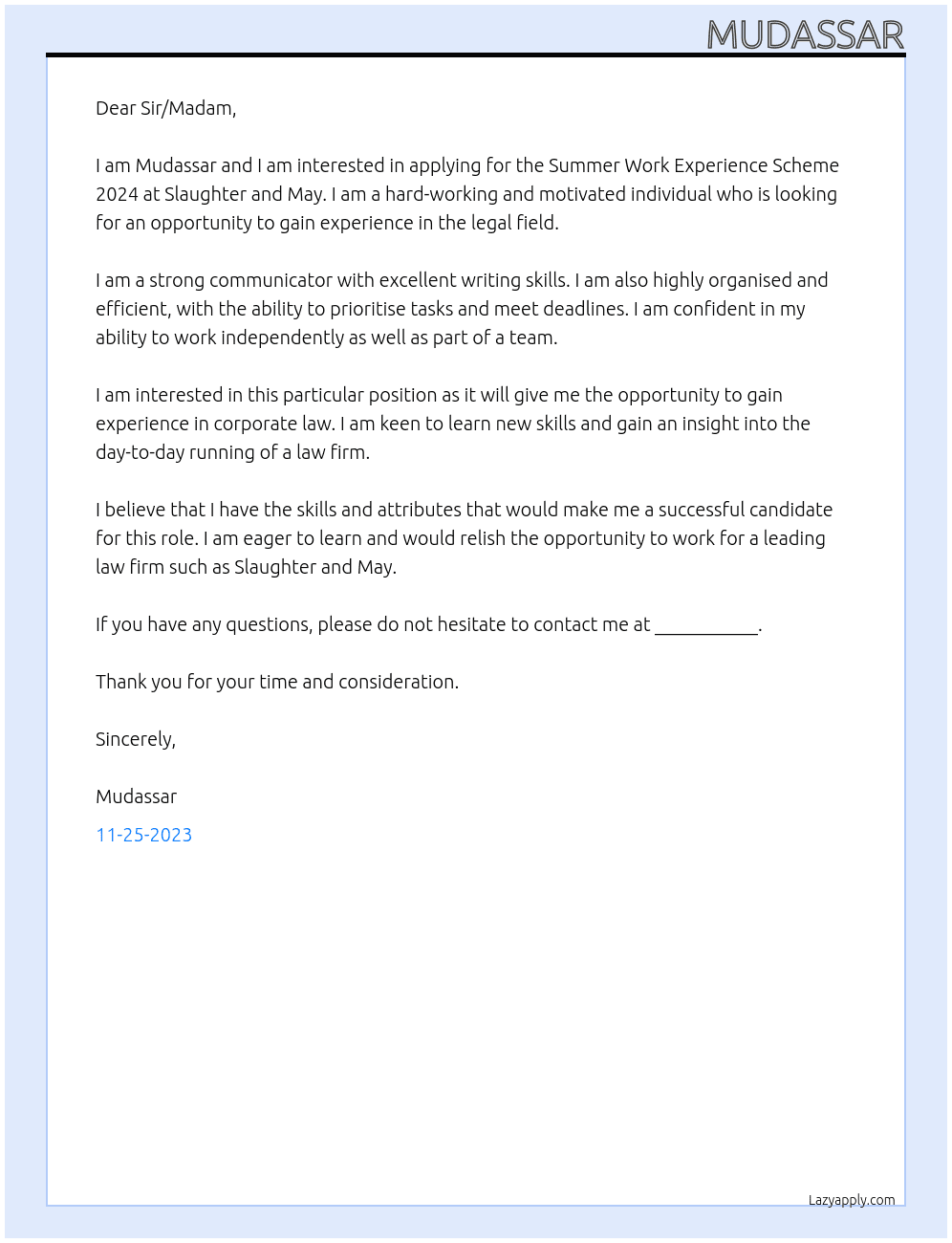 Summer Work Experience Scheme 2024 At Slaughter and May Cover Letter