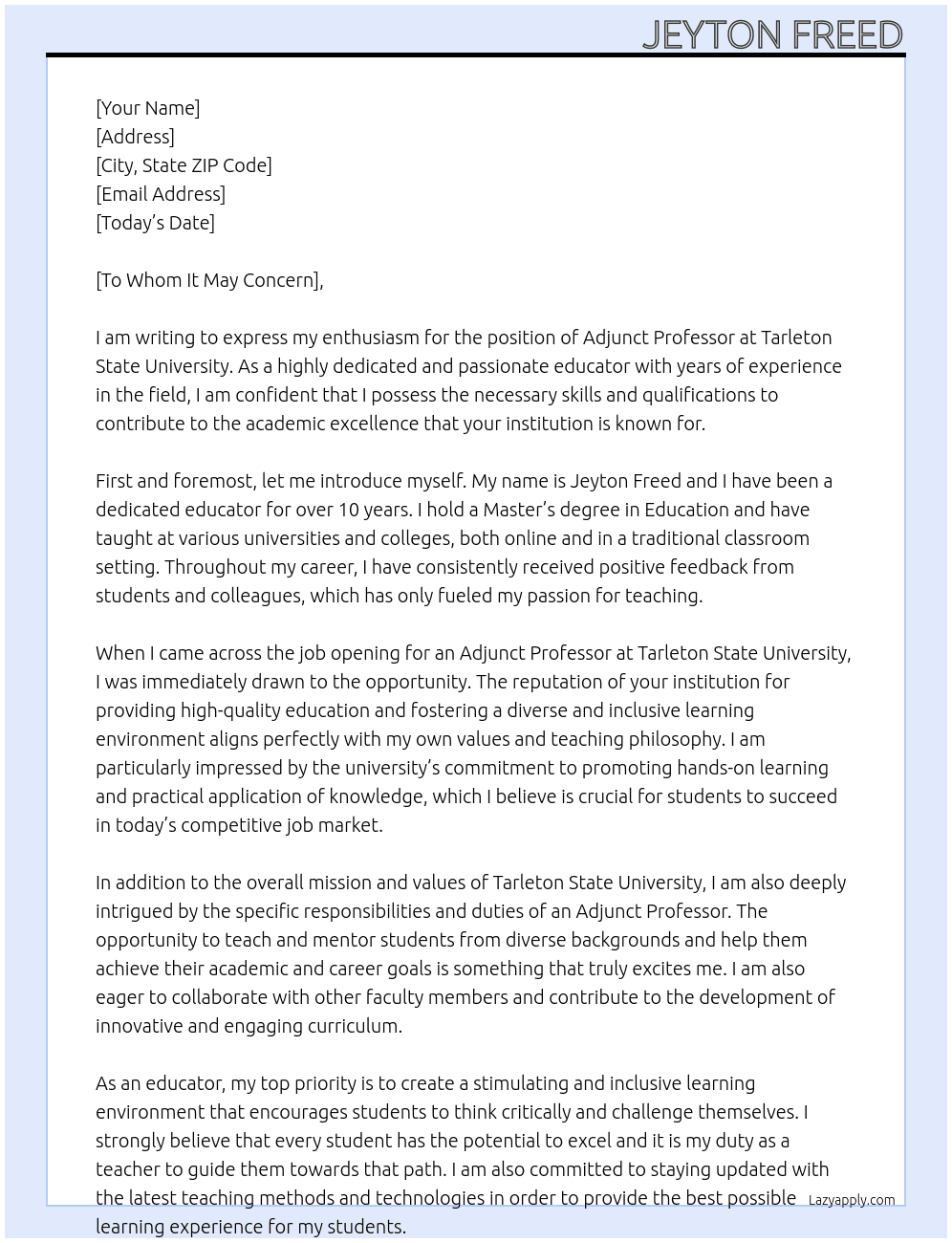 Adjunct Professor At Tarleton State University Cover Letter