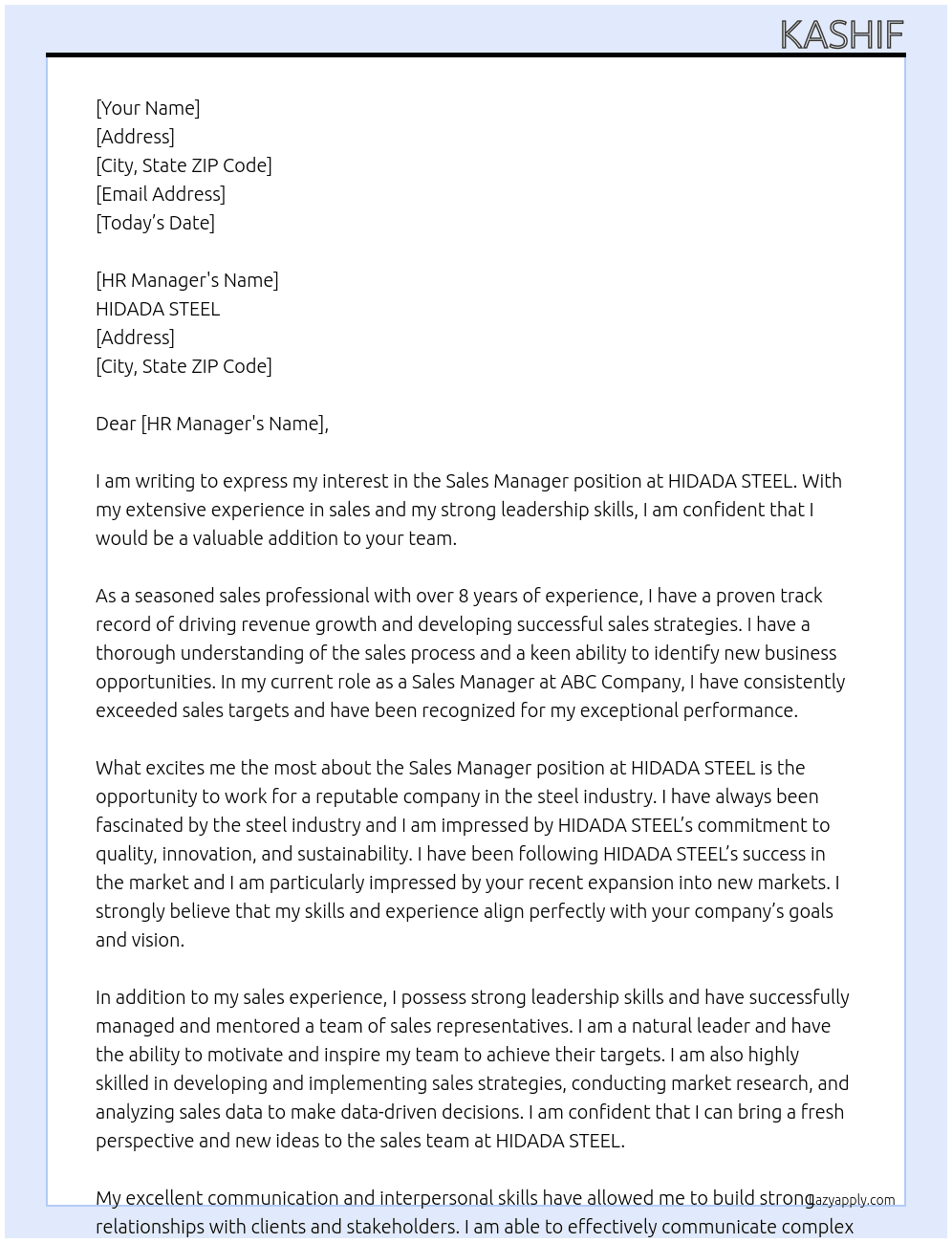 SALES MANAGER At HIDADA STEEL Cover Letter