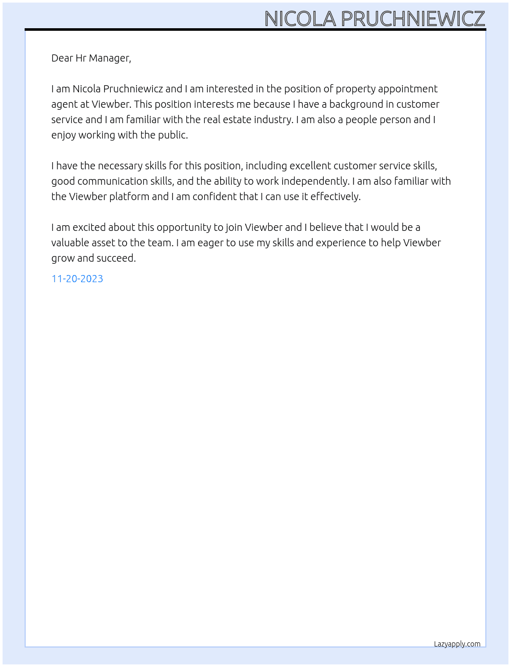 property appointment agent At Viewber Cover Letter
