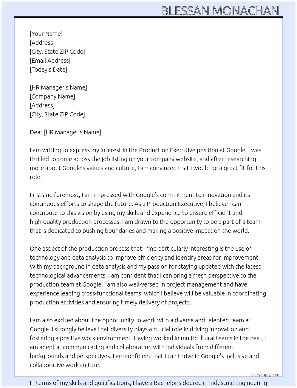 Production executive  At Google  Cover Letter