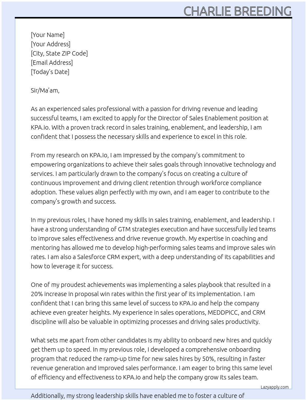 Director of Sales Enablement At KPA.io Cover Letter
