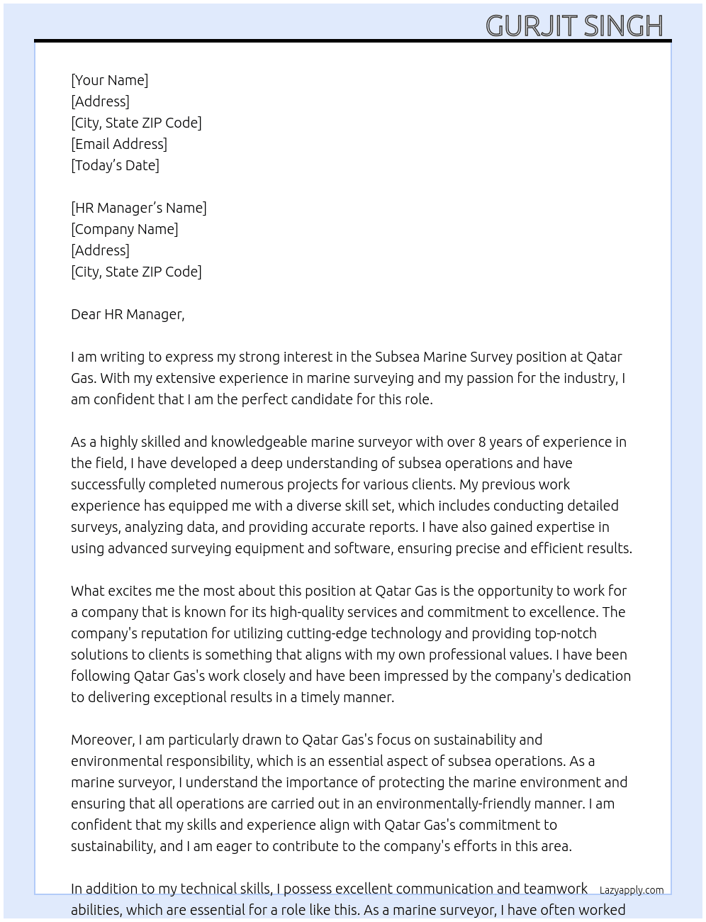 Subsea Marine Survey  At Qatar Gas Cover Letter