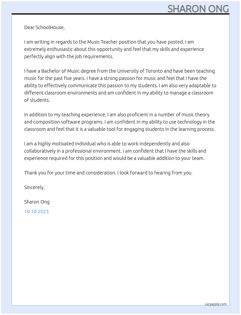 Music Teacher At SchoolHouse Cover Letter