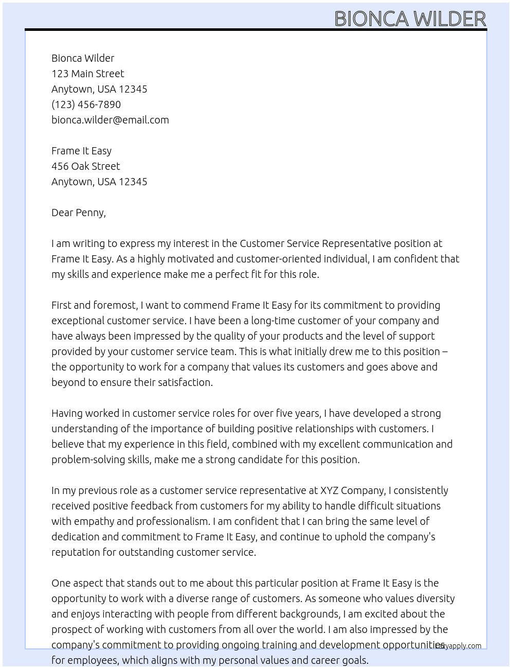 Customer service representative At Frame It Easy Cover Letter