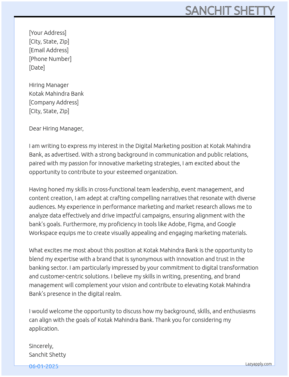 Digital Marketing At Kotak Mahindra Bank Cover Letter