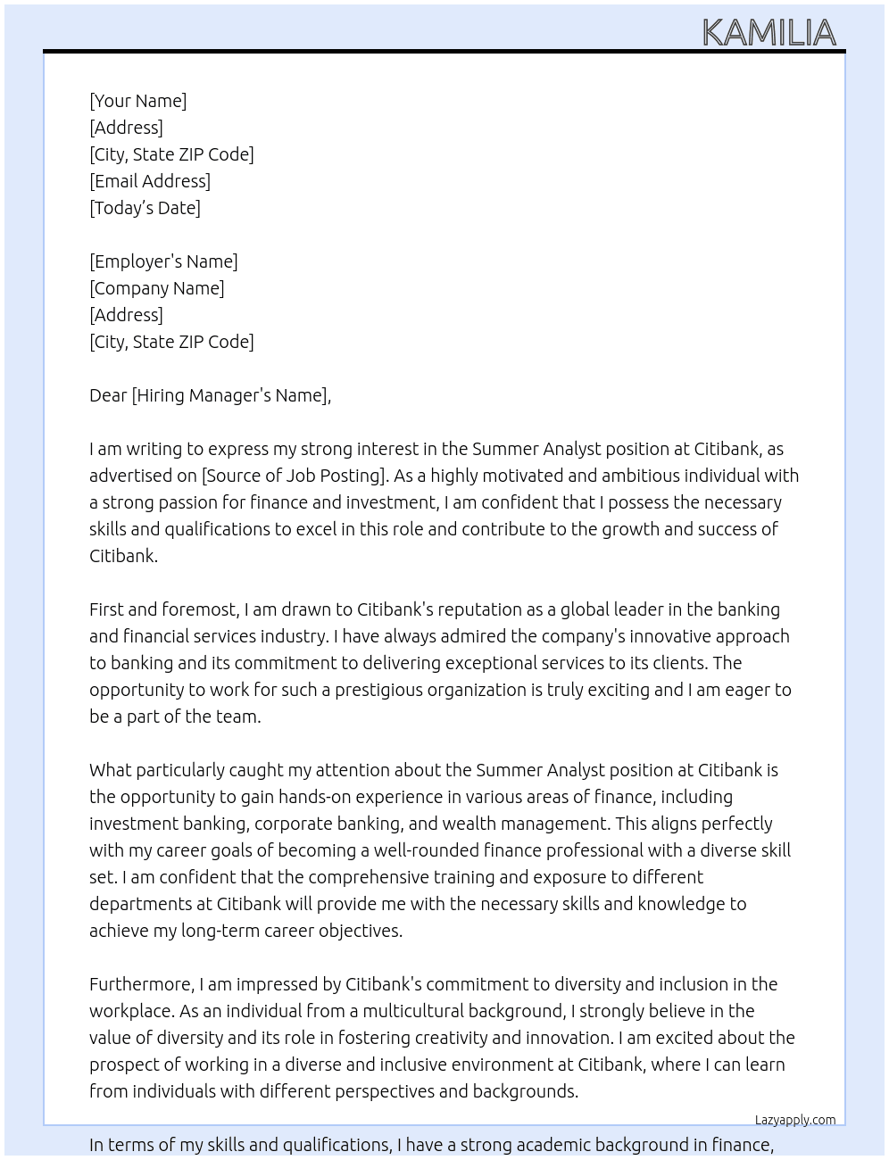 Summer Analyst At Citibank Cover Letter