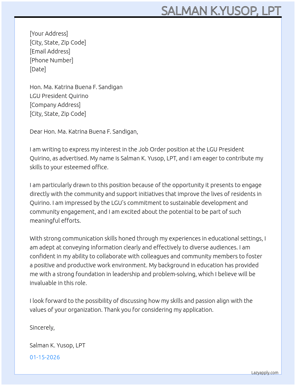 Job order At LGU PRESIDENT QUIRINO Cover Letter