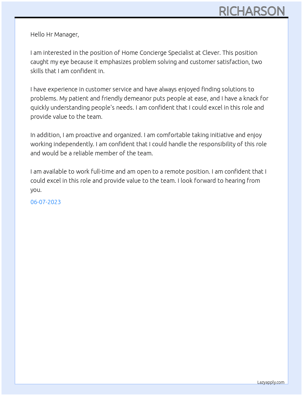 Home Concierge Specialist At Clever Cover Letter