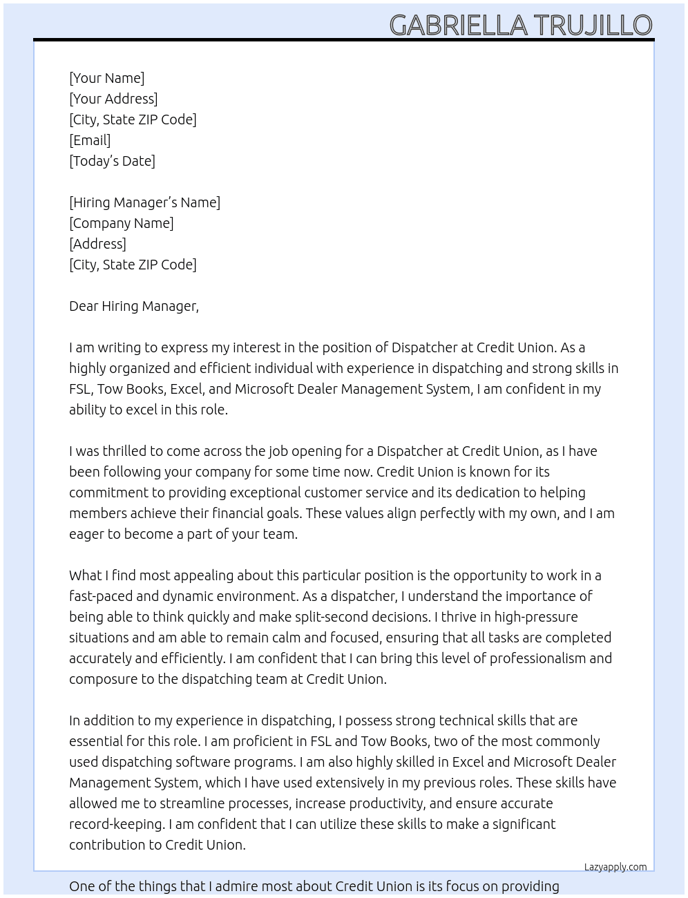 Dispatcher  At Credit union  Cover Letter