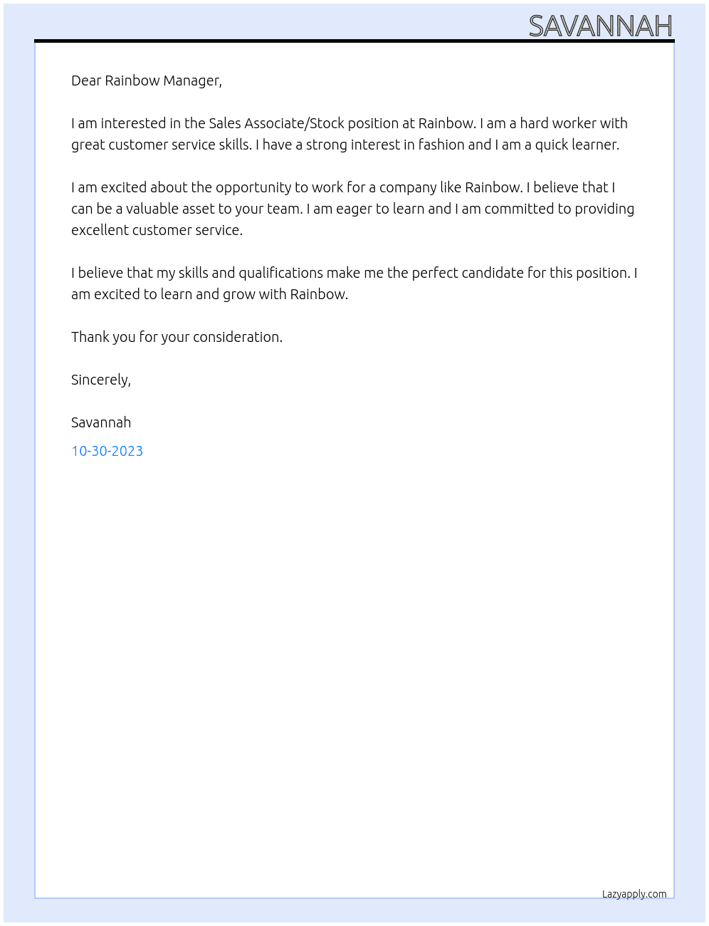 Sales Association/Stock At Rainbow Cover Letter