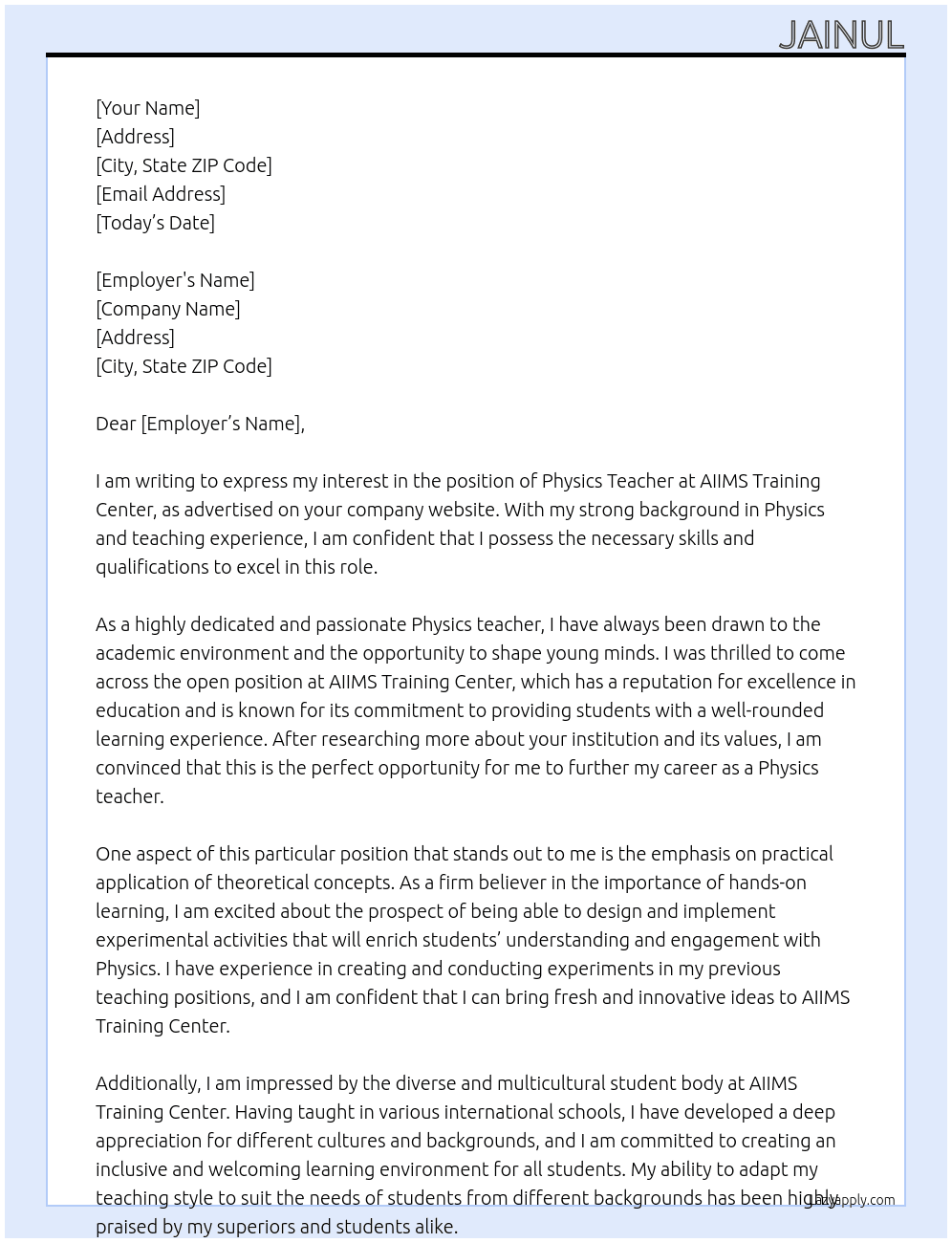 Physics teacher At AIIMS training center Cover Letter