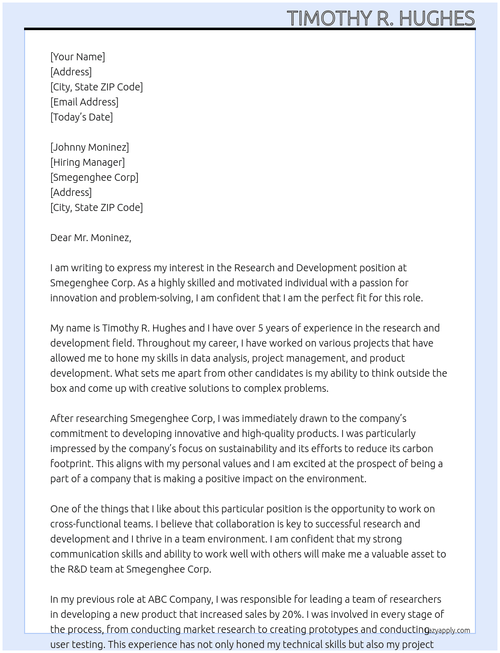 research and development At Smegenghee corp Cover Letter