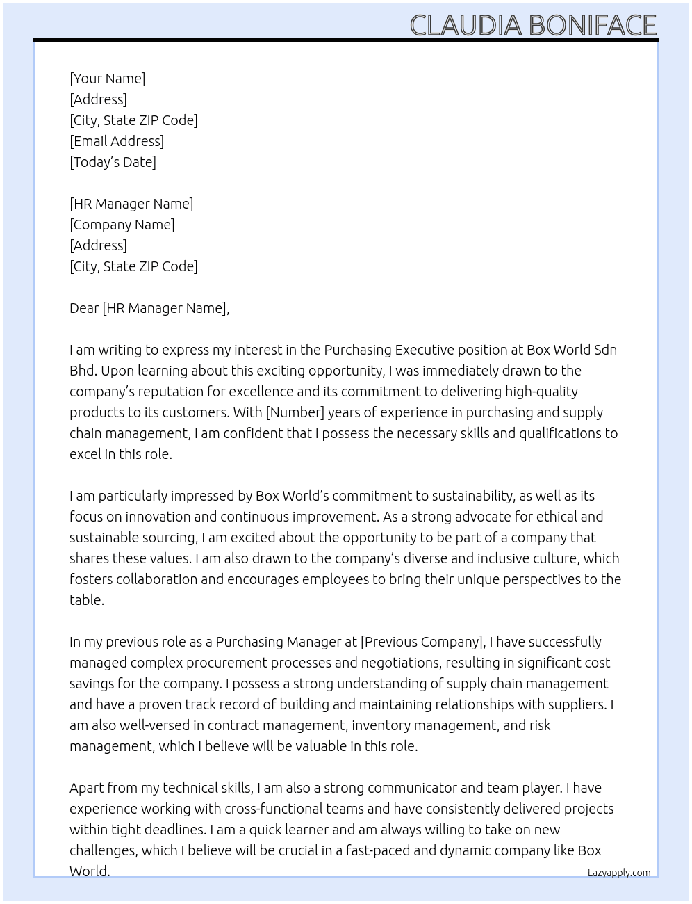 PURCHASING EXECUTIVE At BOX WORLD SDN BHD Cover Letter