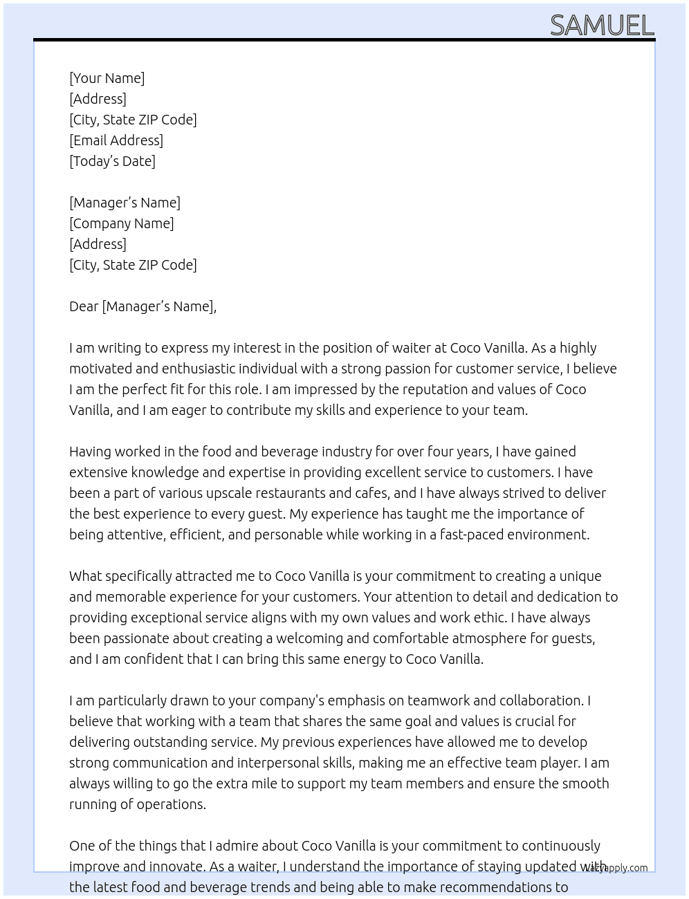 waiter At Coco Vanilla Cover Letter