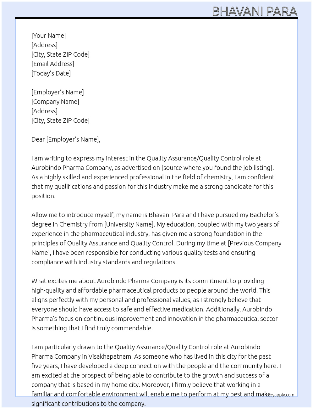 Aurobindo pharma company  At Aurobindo pharma company  Cover Letter