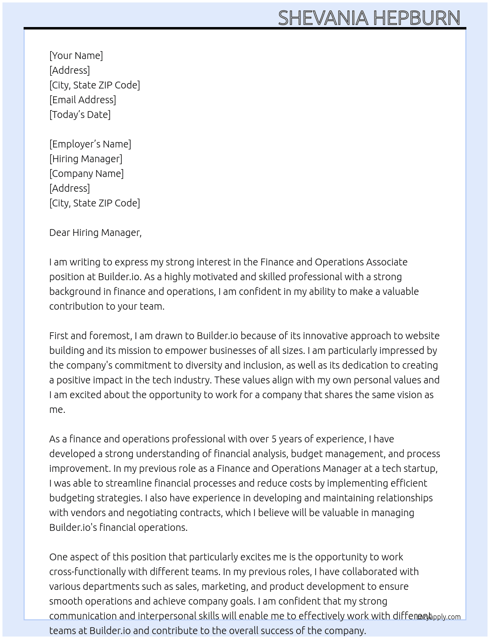 Finance and Operations Associate At Builder.io Cover Letter